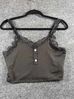 Women’s Medium Black Ribbed Lace Trim Crop Cami Tank Top