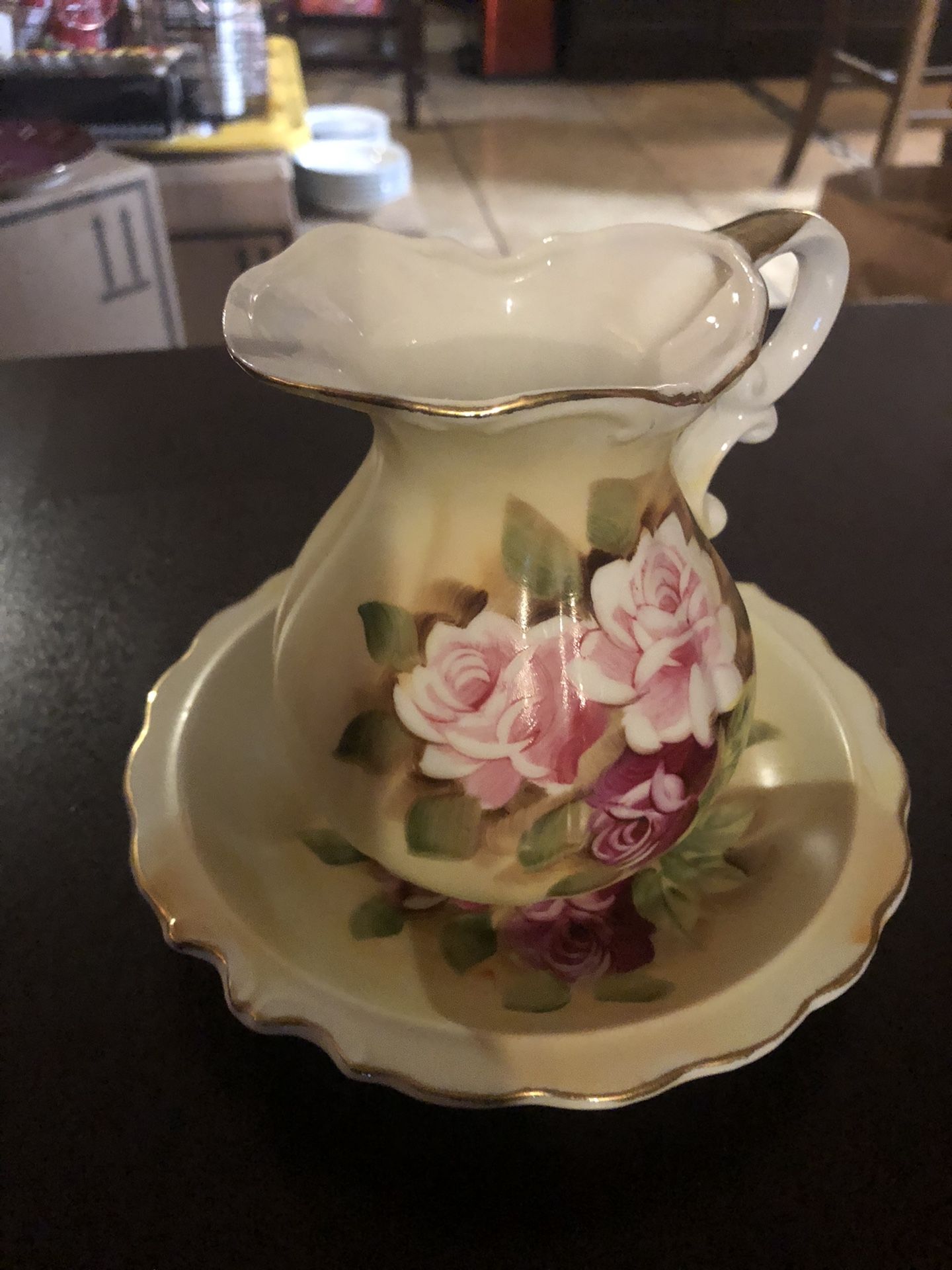 Vintage Pink Roses Pitcher & Bowl Wash Basin Japan 6” Hand Painted Gold Trim