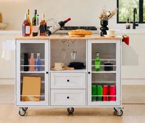 Rolling Kitchen Island Cart – White - Mobile Prep Station with Cabinet, Drawer, Rack & -Castor Wheels L-25