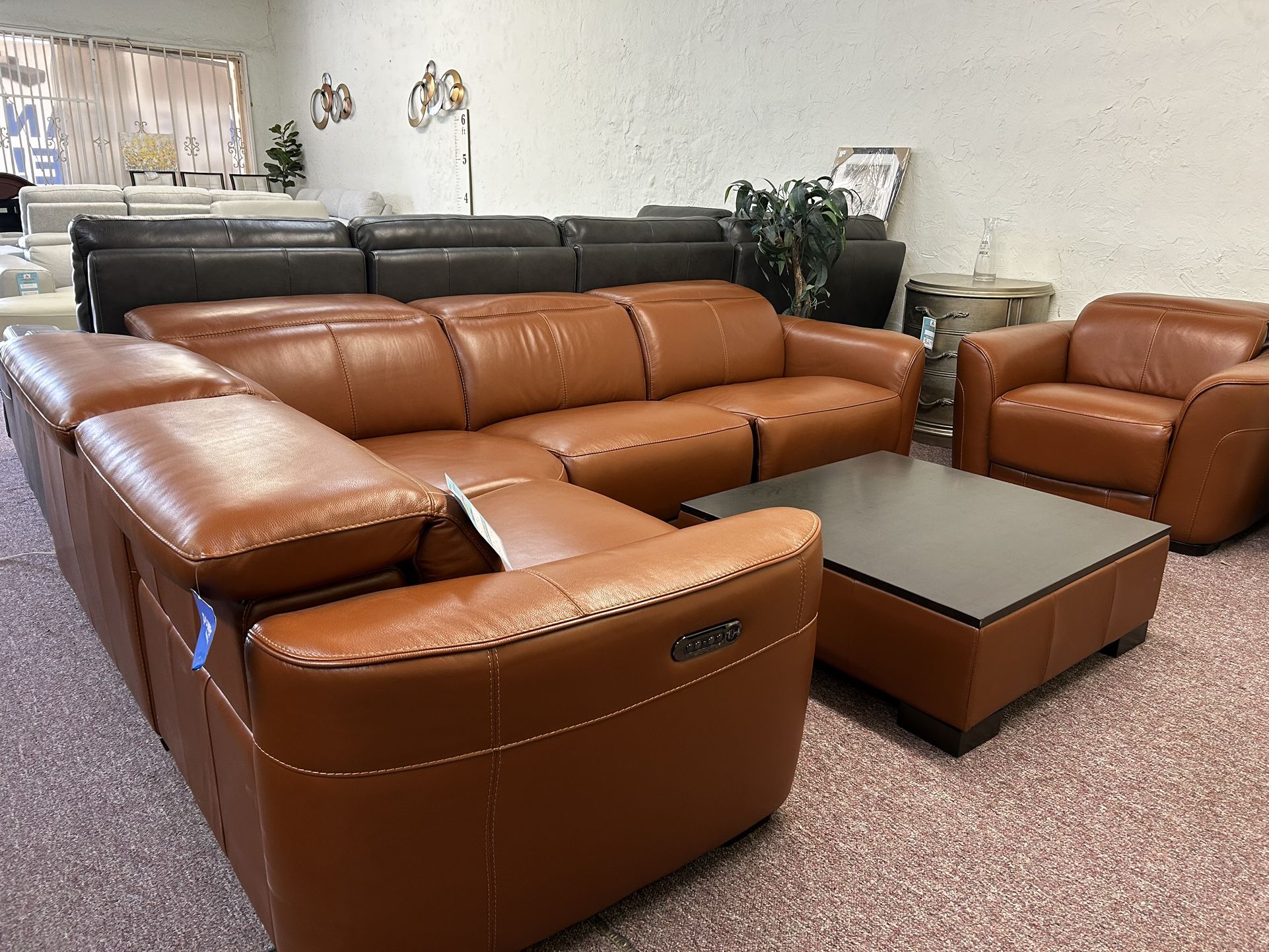 100%  Real Leather Sectional With 3 Power Recliners- Lexanna