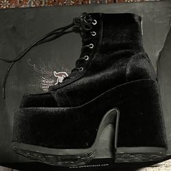 Black Velvet Monster Platform Tie Up Bootie / Back Zipper