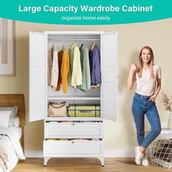 Metal Wardrobe Cabinet with Drawer and Hanging Rod,Armoire Wardrobe Closet with Doors,White Metal Clothing Storage Cabinet with Adjustable Shelves,Arm