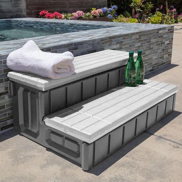 36 in. Grey Universal Resin Pool Spa and Hot Tub Steps w Storage Compartments