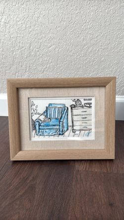 Local Artist - Original Framed Mixed Media Art - Big Blue Striped Chair/Cozy/Decor