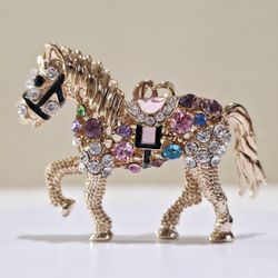 Gold Betsey Johnson Horse Pendant Slide Moving Tail Multi Color Rhinestone Enamel