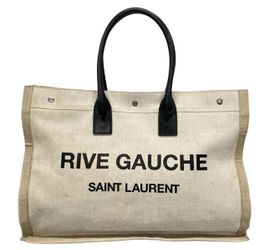 Authentic SAINT LAURENT PARIS Rive Gauche Tote Bag 499290 Cream Beige Black Hemp -