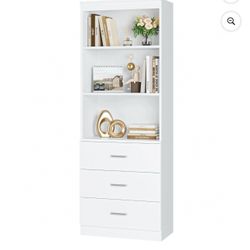 71" Tall Bookcases with 3 Large Drawers, 3 Tier Wooden Storage Bookshelf for Living Room Home Office, White  Feature: 【Bookcase with 3 Draw
