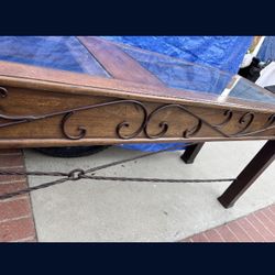 Large Glass Top Wood and Metal Console Table