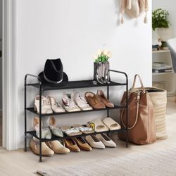  3-Tier Free Standing Shoe Rack, Metal Shoe Storage Shelf for 9-12 Pairs of Shoes, Black/Grey