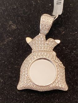 Sterling silver lab diamond money bag picture pendant