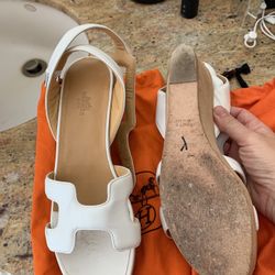 White Hermes Oran Wedge Sandals