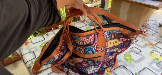 Large Embroidered Huipil Leather Duffel Bag