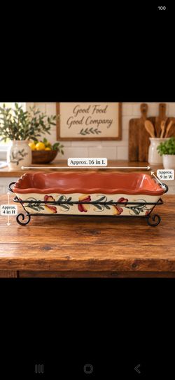 Tuscan Floral Ceramic Rectangular Serving Baker Dish with Metal Stand