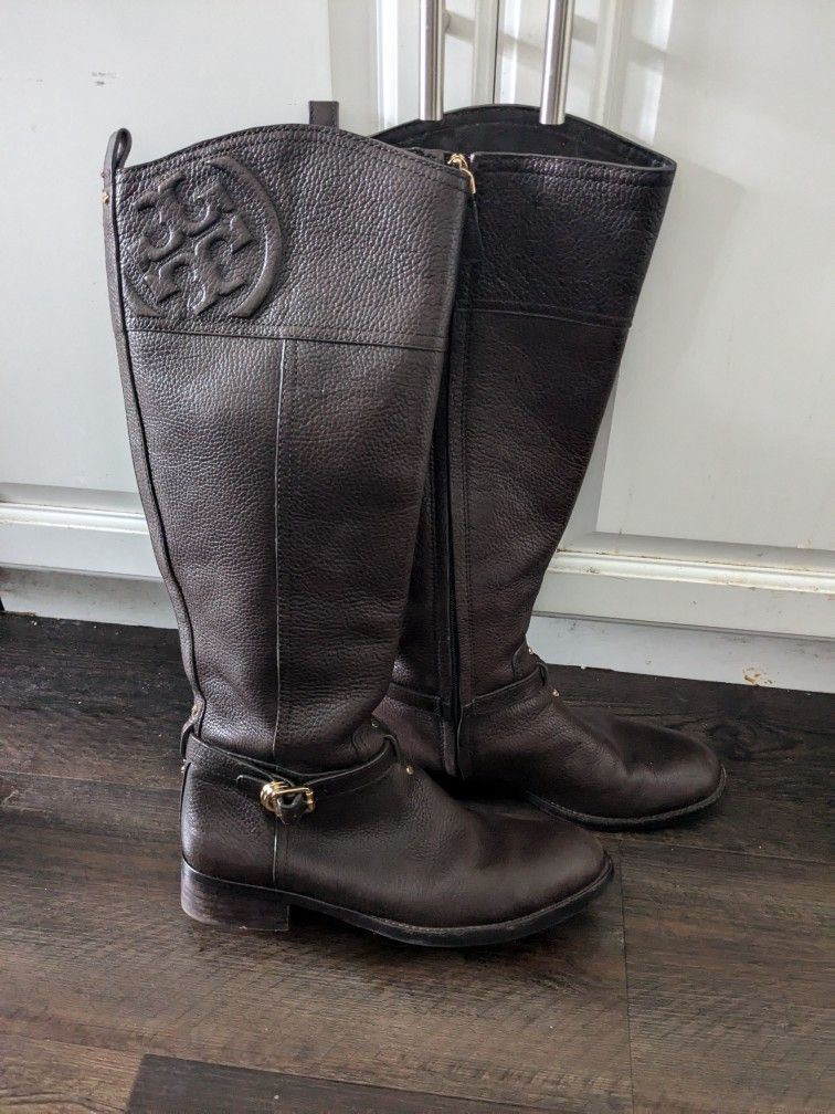 Beautiful Tory Burch Marlene Tall Riding Boots Pebble Leather Brown Size 8