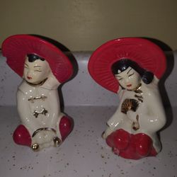 1950's Fuhry & Sons Inc Set of Oriental People 
(Red, White and Black Hair w/ Gold Accents)