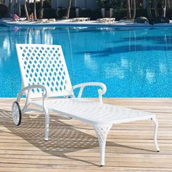 HOMEFUN Chaise Lounge Chair Outdoor, Poolside Lounger Outside Cast Aluminum Tanning Chairs with Adjustable Backrest and Moveable Wheels, White