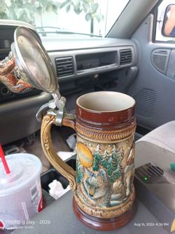 Vintage 3-Wolf Ceramic Beer Stein with Pewter Lid Finial