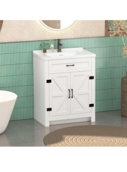 24 Inch Bathroom Vanity with Sink, Small Bathroom Vanity Cabinet with Single Sink, White Bath Vanities with 2 Barn Doors (19" D x24" W + 36" H)