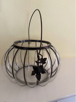 Rustic Fall Pumpkin Glass Lantern with Bronze Metal Frame & Leaf Accent