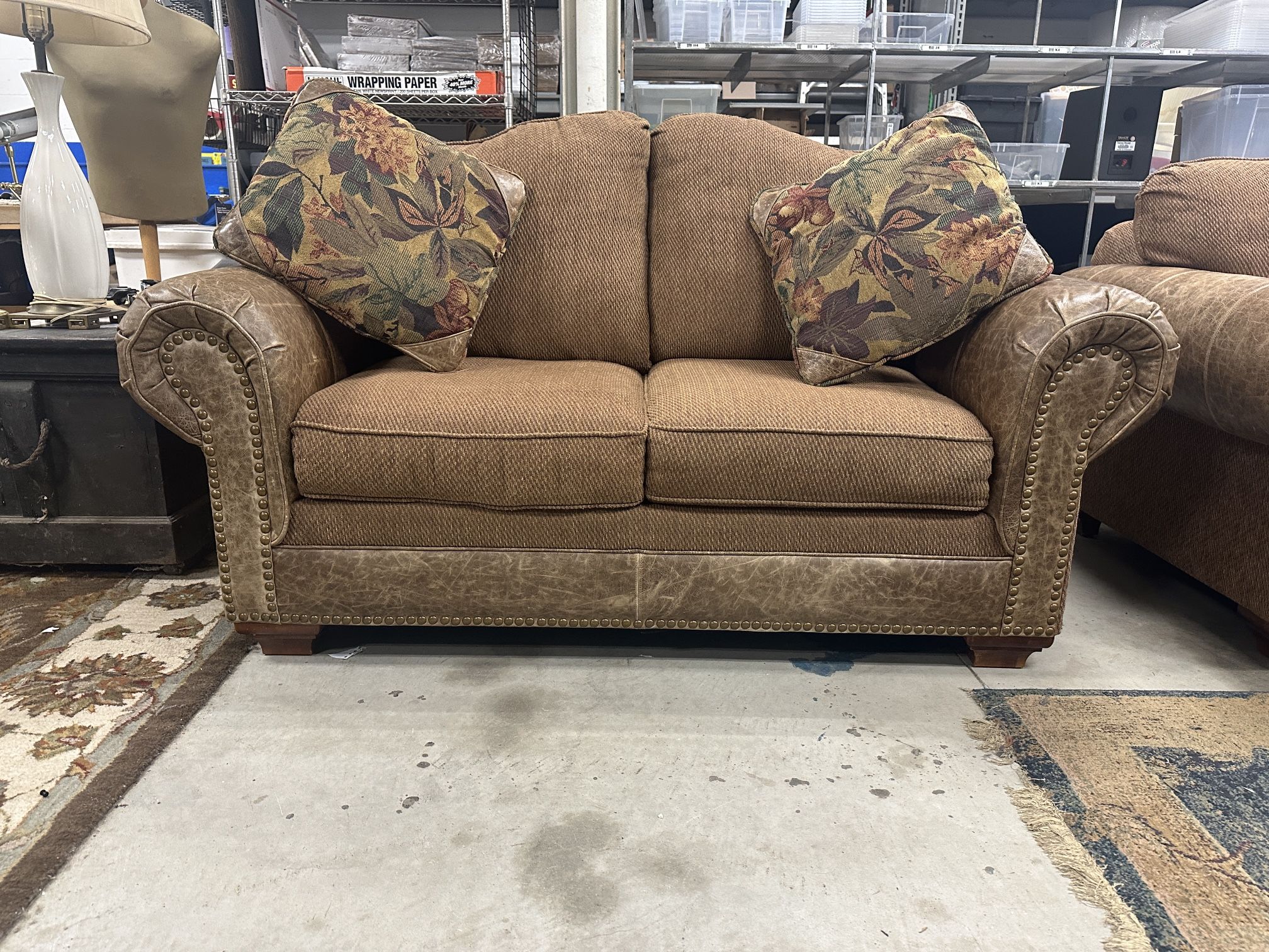 Contemporary Modern Brown Leather & Fabric Loveseat By Riverside Furniture - Matching Sofa Couch Available 🚚 We Deliver