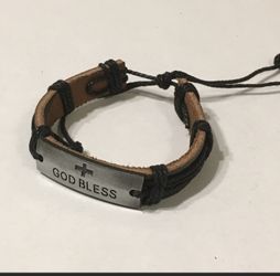 Black leather bracelet with silver god bless charm