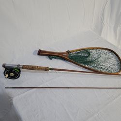 Vintage Bamboo Fly Rod  / Reel Combo + Vintage Wooden Net & Flys