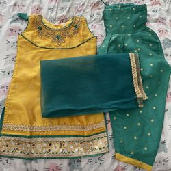 Silk Patiala / Punjabi dress - yellow green - Fits 4-5 Year Old