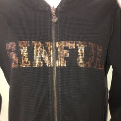 Super awesome reversible Sinful size small black full zip hoodie that has metallic cheetah print wording and a skull on the back & the other side has