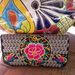Mexican Embroidered Pink Rose Wallet