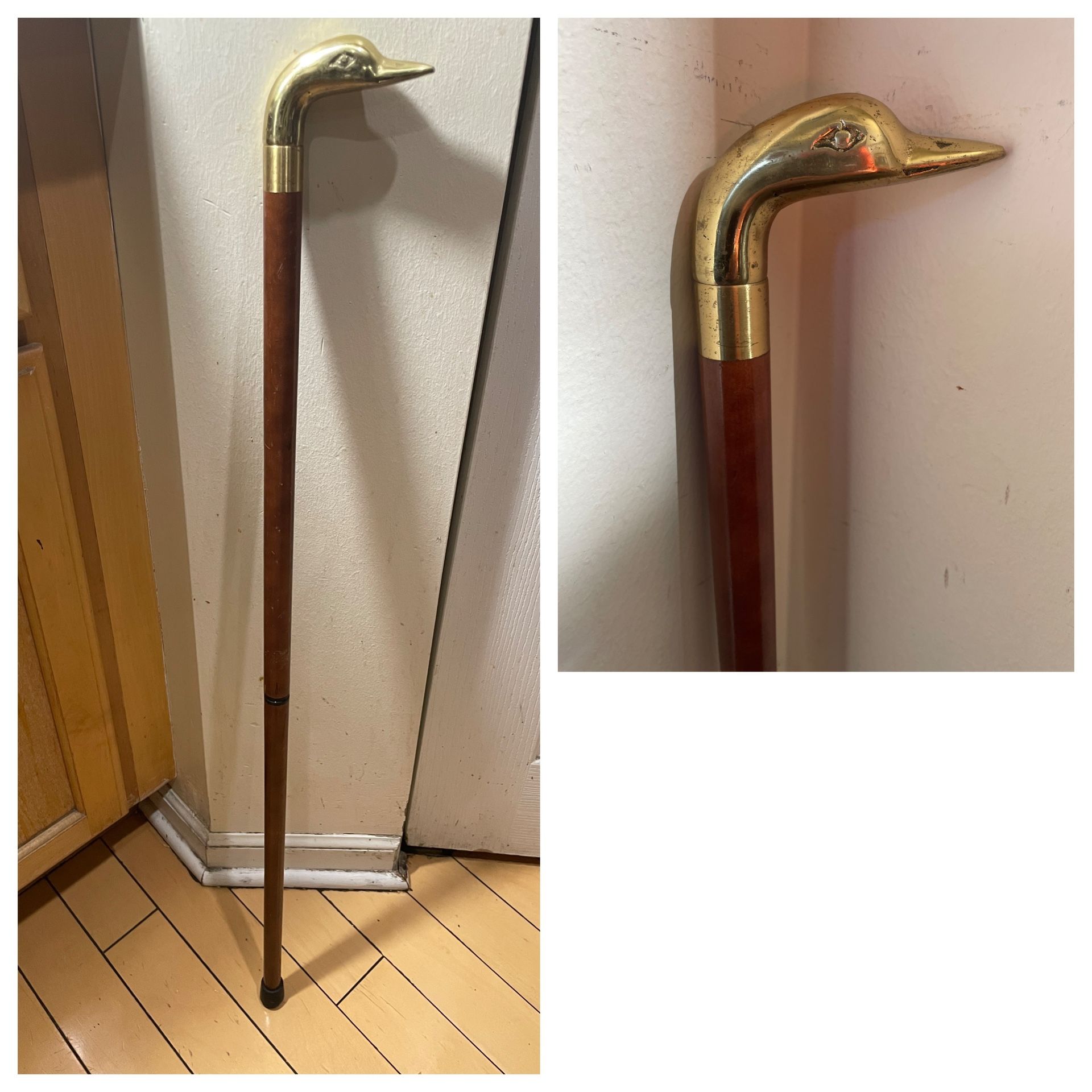 Vintage Brass Duck Head Handle Wooden Walking Cane/ Gentleman’s Stick-34”