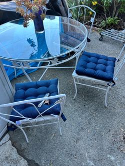 Wrought Iron Outdoor Patio Dinette Set w/ Glass Top & Navy Cushions