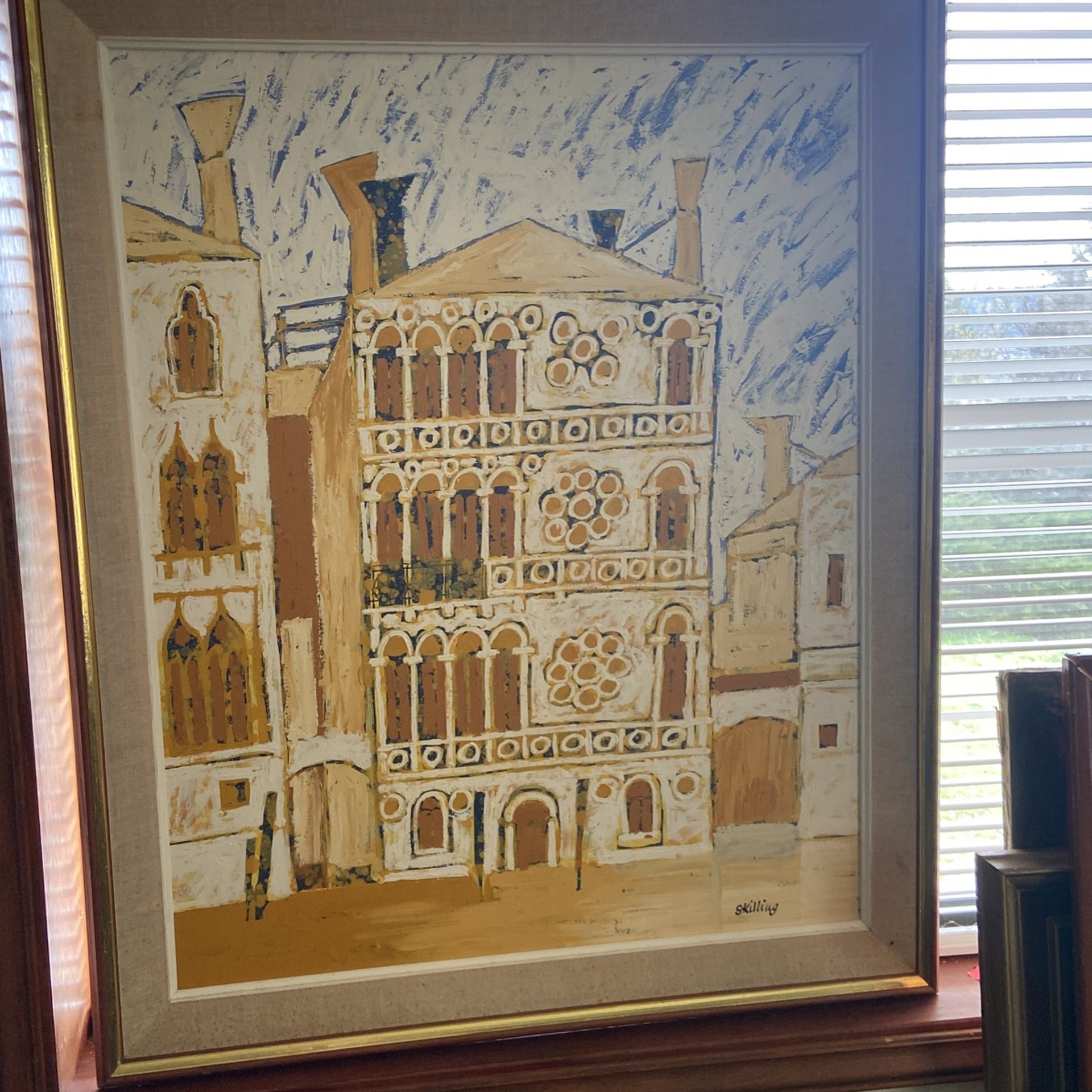Skilling Framed MCM White And Olive Palazzo Painting G