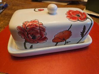 Ceramic Butter Dish with Poppy Floral Design