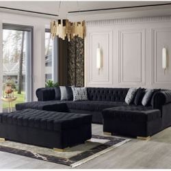 Lauren Black Velvet Double Chaise Sectional ( Couch Sofa Loveseat Options 