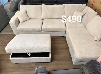 Elegant‼️3-Pc Ivory Corduroy Sectional Sofa With Storage Ottoman