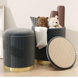 🔥 BRAND NEW Round Storage Ottomans – Gray w/ Gold Trim (Set of 2)