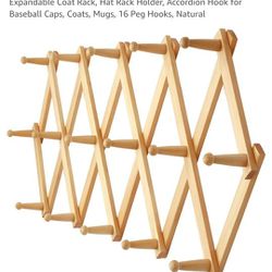 Dseap Accordian Wall Hanger: 16” High Wooden Wall Expandable Coat Rack, Hat Rack Holder, Accordion Hook for Baseball Caps, Coats, Mugs, 16 Peg Hooks