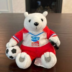 Vintage Athens 2004 FIFA World Cup Coca-Cola White Polar Bear w Soccer Ball 