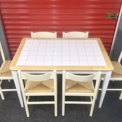 Wood Dining Table With Six Italian Wood Chairs With Rush Seats - Will Deliver