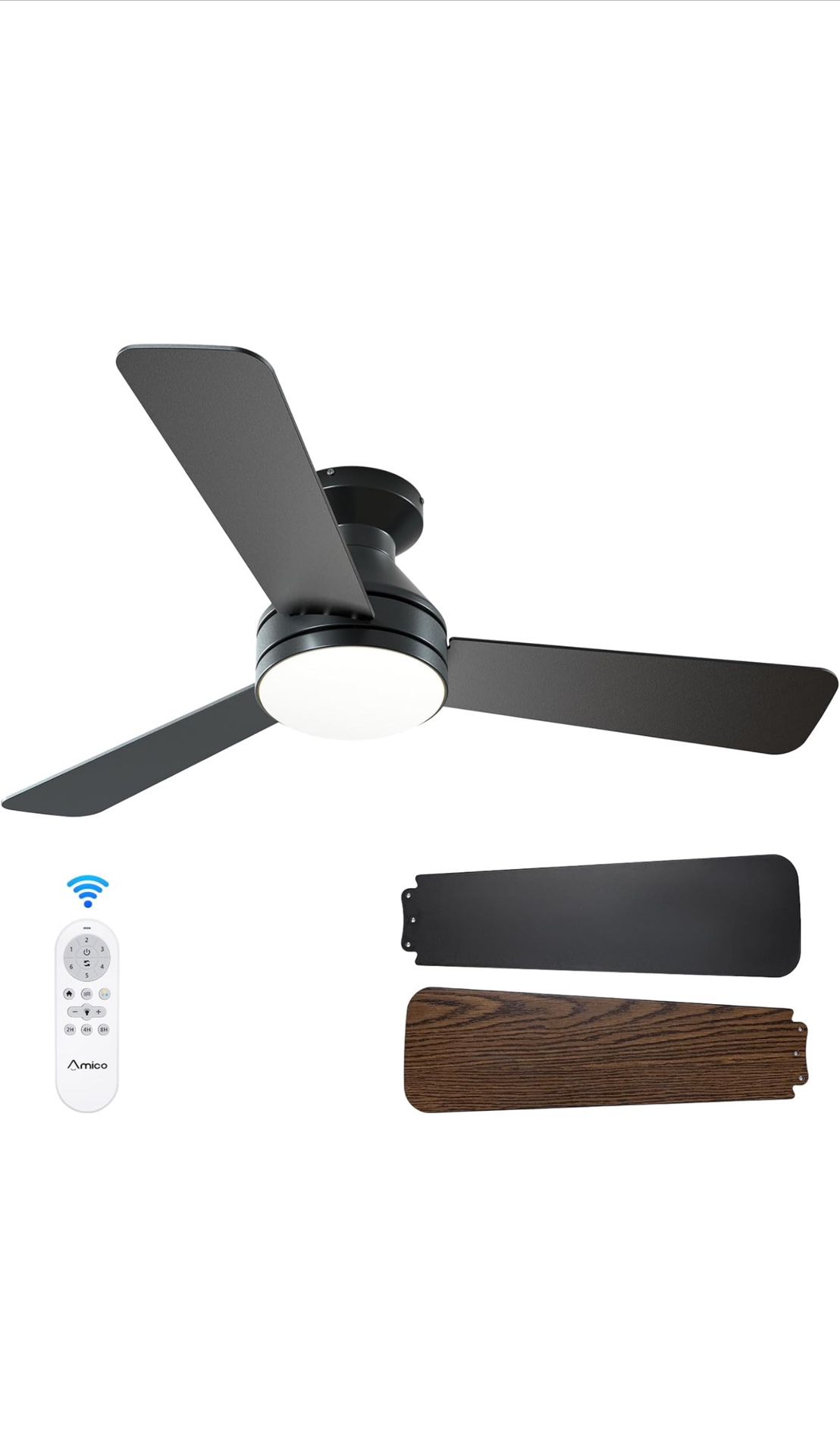 Amico Ceiling Fans with Lights, 42 inch Low Profile Ceiling Fan with Light and Remote Control, Flush Mount, Reversible, 3CCT, Dimmable, Noiseless, Bla