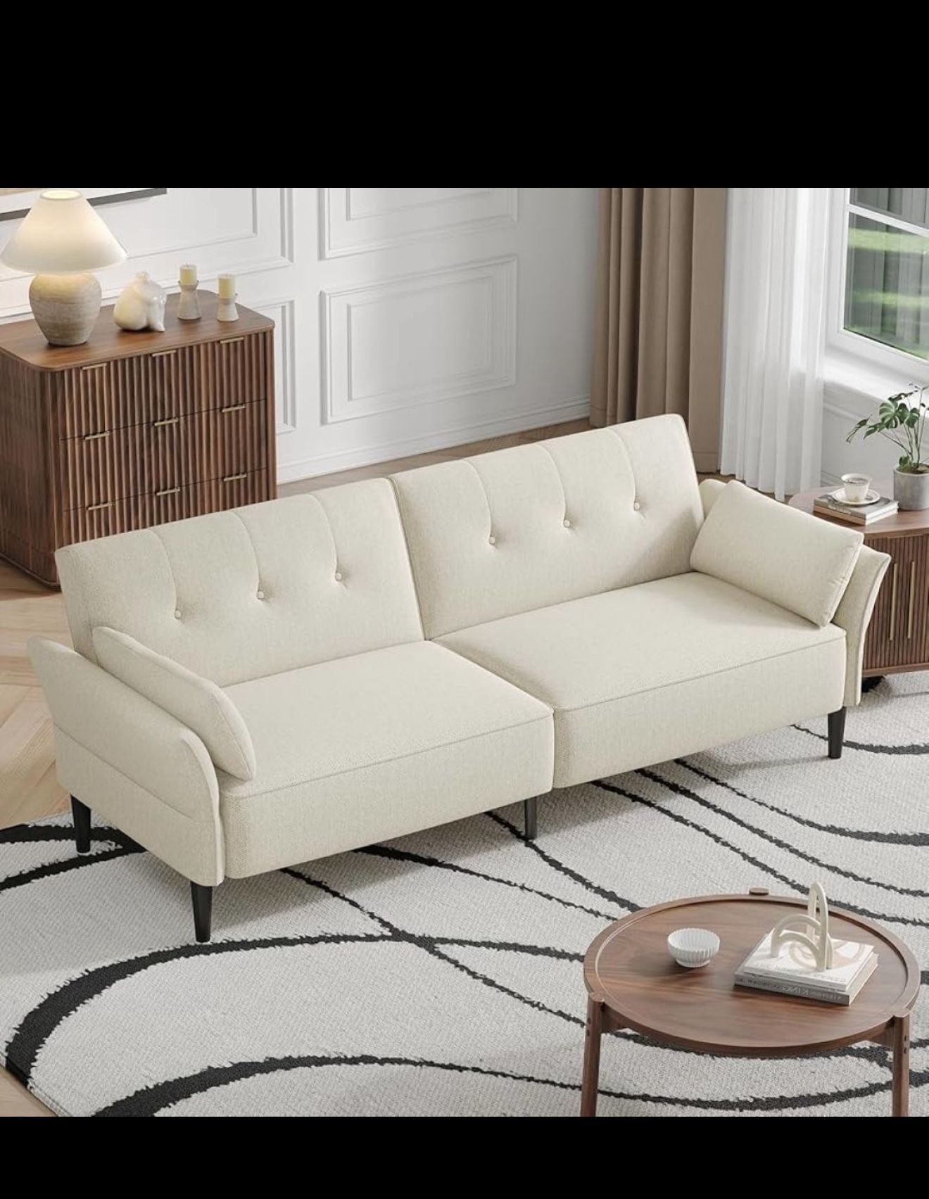 89” Futon Sofa Bed, Linen Comfy Futon Couch Bed with 2 Square Pillows