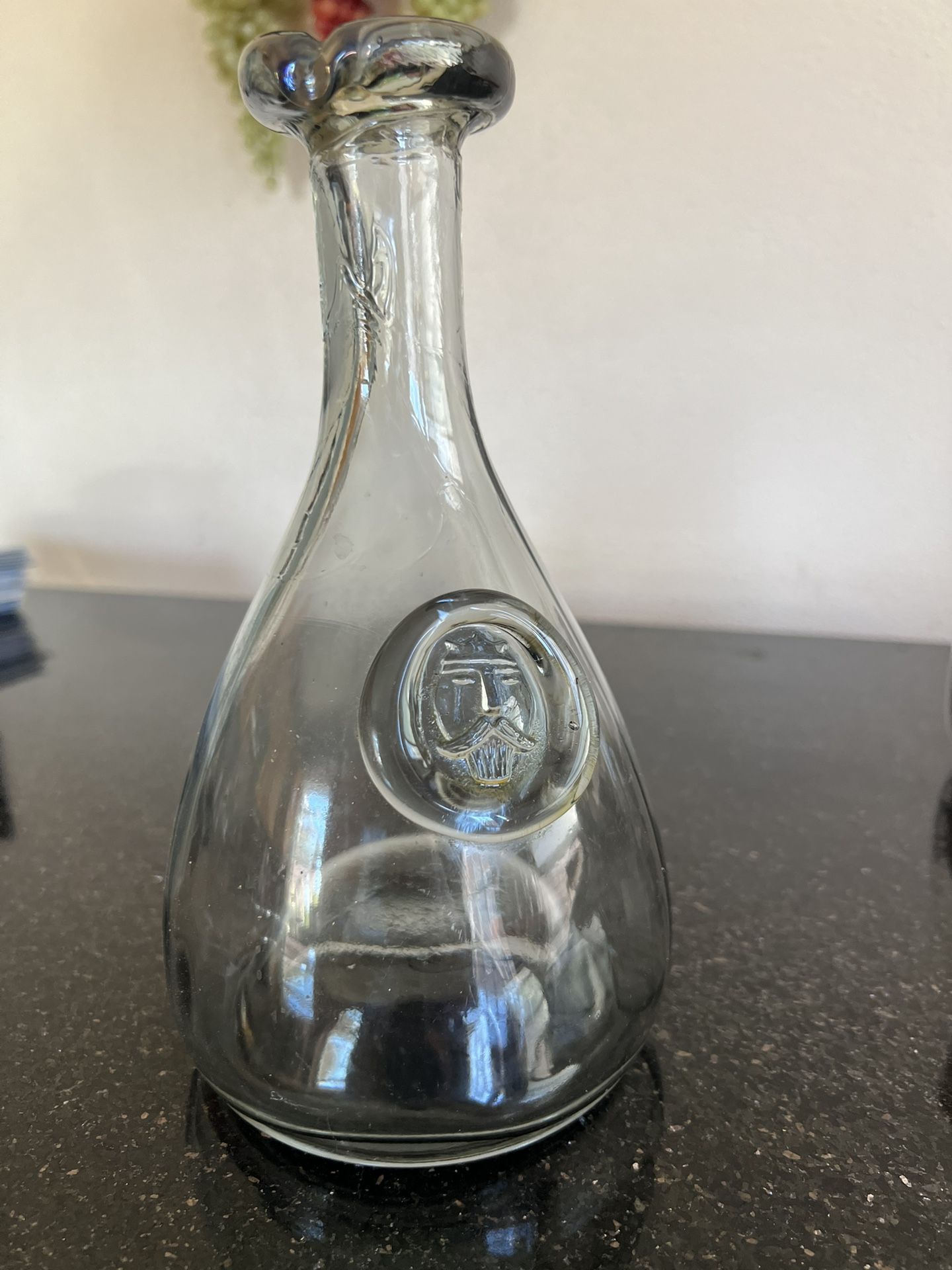 VTG 1970’s Danish Holmegaard Viking Glass Carafe. Embossed Medallion Ole Winther 9x5”