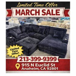 Black  Corduroy modular living room sectional sofa with ottoman 