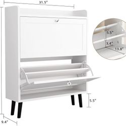 🥨 Shoe Storage Cabinet with 2 Flip Drawers, Shoe Cabinet with Open Storage & Crystal Handle, Narrow Shoe Rack Organizer for Entryway, Hallway, White