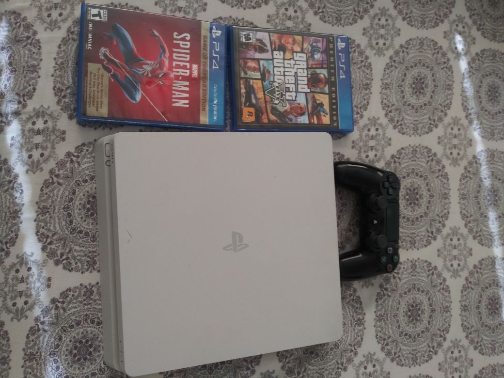 PS4 slim all white ,Cords , 2 games , and controller