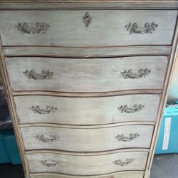 Antique Pale Aqua 5 Drawer Tall Boy Dresser