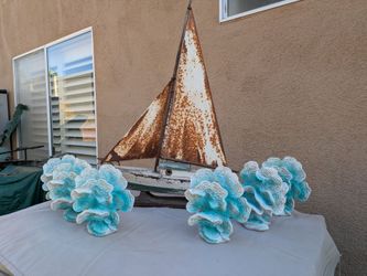Decorative Coral Reef Figurines & Early Maine Pond Yacht Set of Six"