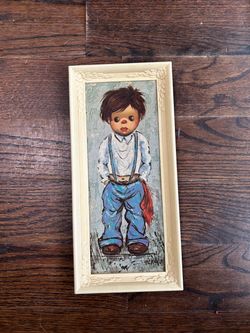 Vintage Framed Big Eyes Boy Art Print