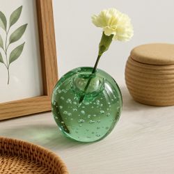 Vintage 1990s Hand Made Green Controlled-Bubble Art Glass Bud Vase Paperweight, 4”