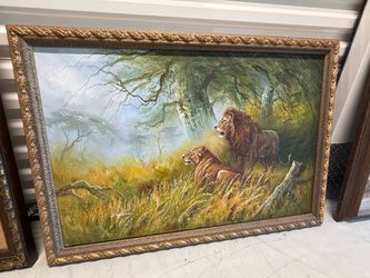 Large Vintage Framed Lion Wildlife Painting - 28" x 39" Mid-Century Decor